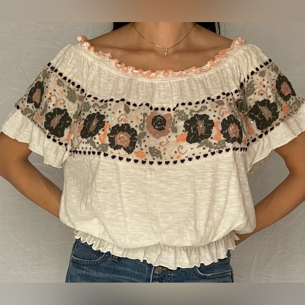 Free People- Sienna Embroidered Ivory Off Shoulder Top